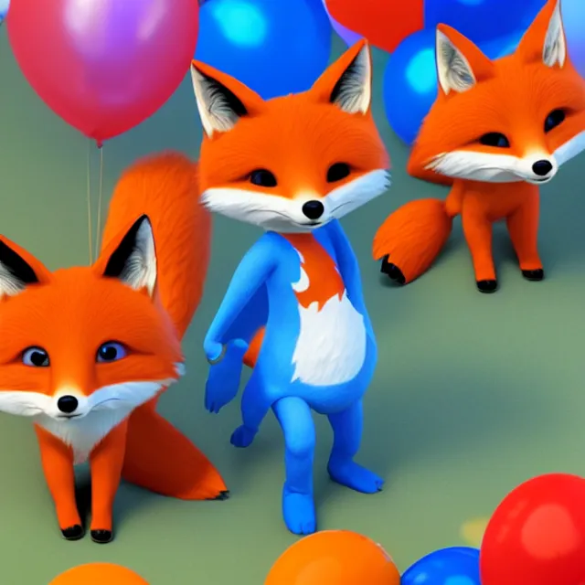 Prompt: three foxes (a blue one, a red one, and an orange one) are at a birthday-party, isometric 3d, ultra hd, character design by Mark Ryden and Pixar and Hayao Miyazaki, unreal 5, DAZ, hyperrealistic, octane render, cosplay, RPG portrait, dynamic lighting, intricate detail, summer vibrancy, cinematic