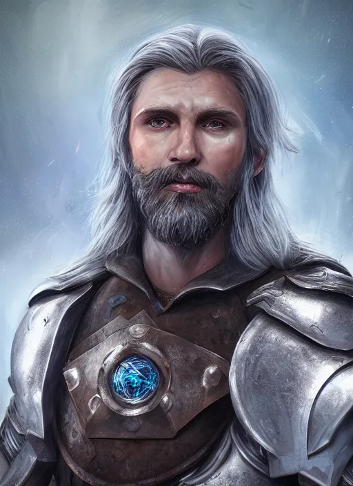 Image similar to an epic fantastic realism comic book style portrait painting of an aasimar paladin, male, shaggy silver hair, short brown beard, d & d concept art, unreal 5, daz, teal aesthetic, octane render, cosplay, rpg portrait, dynamic lighting