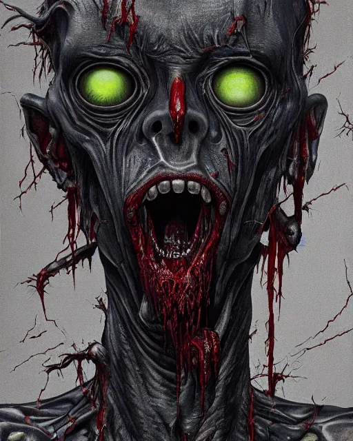 Image similar to Haunting horrifying hyperrealistic detailed painting of a tall slim flesh extraterrestrial creature covered in thick black blood, heavy metal, disgusting, creepy, unsettling, and bloodshot eyeballs, hyper detailed, trending on Artstation