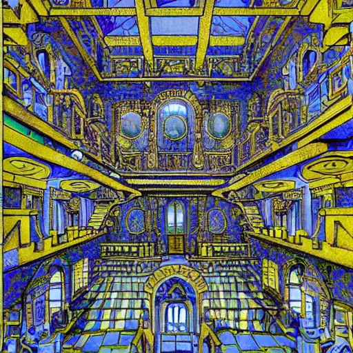 Image similar to A Eternal mansion, by M.C. Escher, Jim Fitzpatrick, Chaotic, Lucid, Cycles, Chromatic Abberation, Dawn