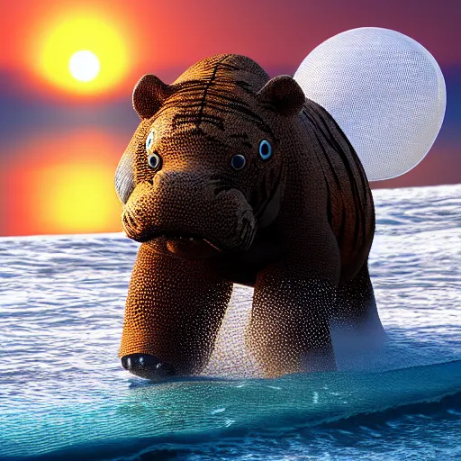 Image similar to a closeup photorealistic photograph of a cute smiling knitted tiger hippopotamus chasing a beachball at sunset. surf in the background. professional capture. this 4 k hd image is trending on artstation, featured on behance, well - rendered, extra crisp, features intricate detail, epic composition and the style of unreal engine.