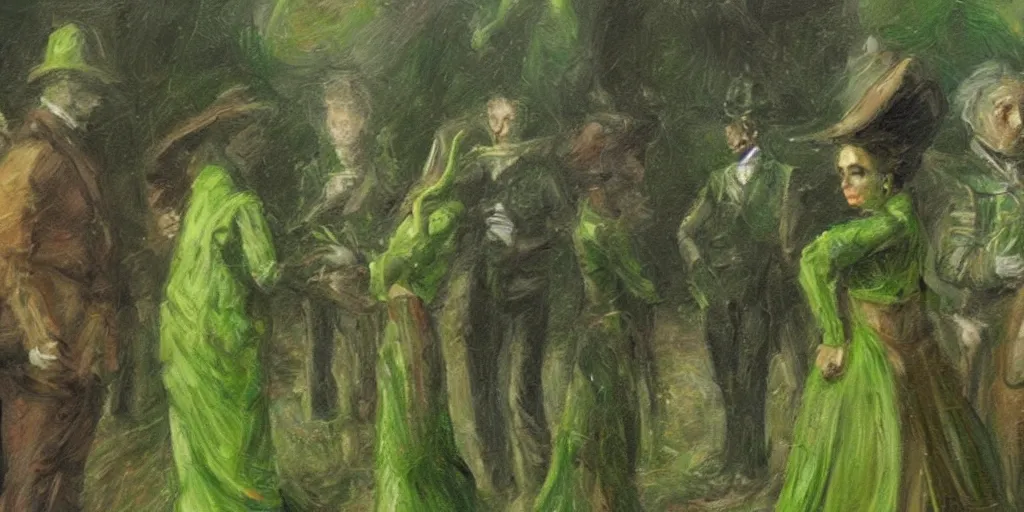 Image similar to tall terrifying green futuristic aliens sitting in a circle. in the victorian era. in the style of an impressionist painting.