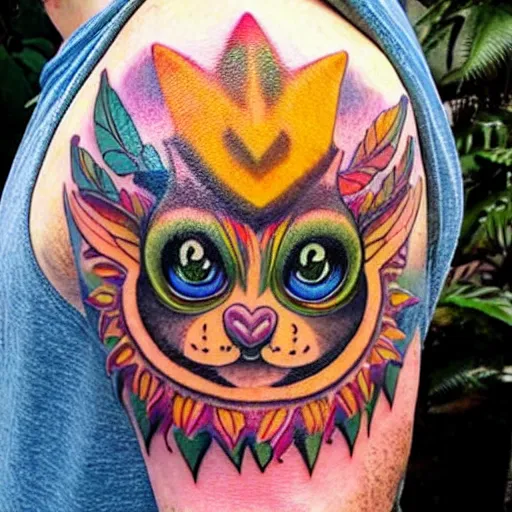 Prompt: shoulder tattoo of a multicolored hallucinogenic cute bush baby, eyes are colorful spirals, surrounded with colorful magic mushrooms and rainbowcolored marihuana leaves, insanely integrate