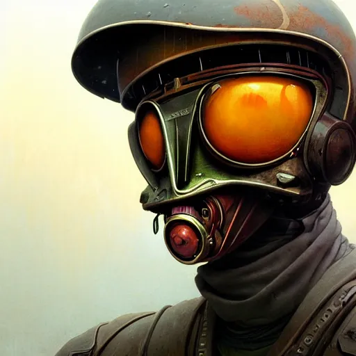 Image similar to a expressive portrait of masked diesel punk helmet on the art deco streets of the big city, artstation, award - winning realistic sci - fi concept art by jim burns and greg rutkowski, beksinski, a realism masterpiece, expressive color palette, james gilleard, bruegel, alphonse mucha, and yoshitaka amano