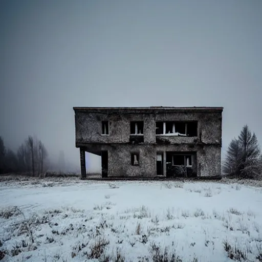 Prompt: landscape with brutalistic soviet architecture style abandoned lifeless house, near foggy forest, dark winter evening, snowing, strong, blizzard, atmospheric, mystical, very detailed 4 k, professional photography