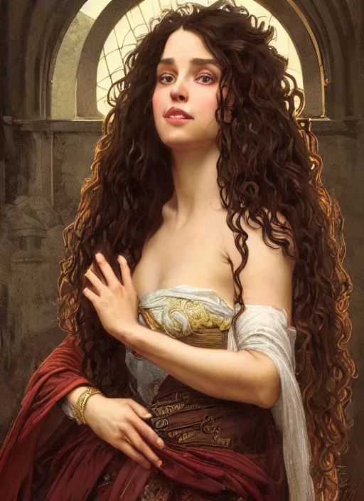 Prompt: medium-length portrait of a female princess with long curly hair and brown eyes, dark brown skin, happy expression, wears a beautiful flowing gown, medieval setting, highly detailed, digital painting, artstation, concept art, sharp focus, illustration, art by greg rutkowski and alphonse mucha