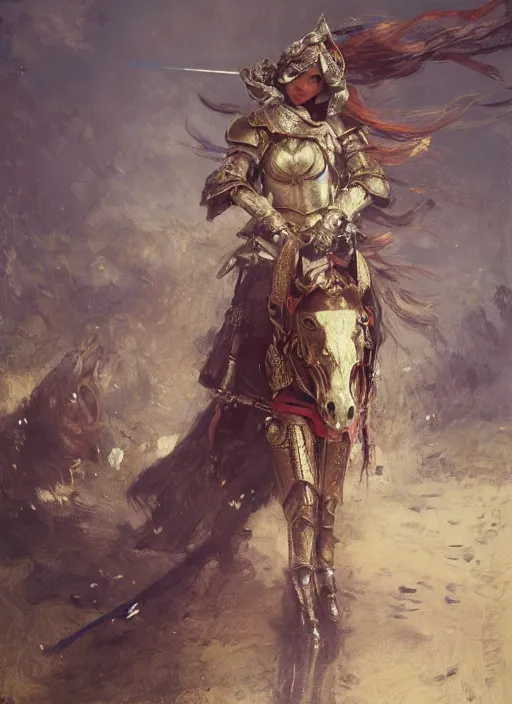 Image similar to portrait of one full body girl medieval chines armor and one metal horse poses by gaston bussiere, anna nikonova aka newmilky, greg rutkowski, yoji shinkawa, yoshitaka amano, tsutomu niehi, impressionism, monet,