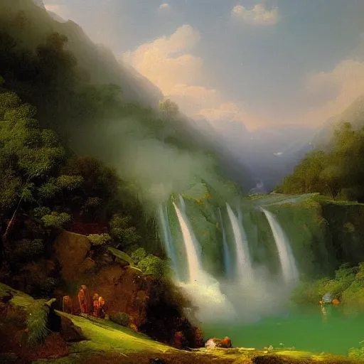Prompt: Waterfall in a beautiful, green, lush paradise, creating mist in the lake below, digital painting by Aivazovsky, 4k