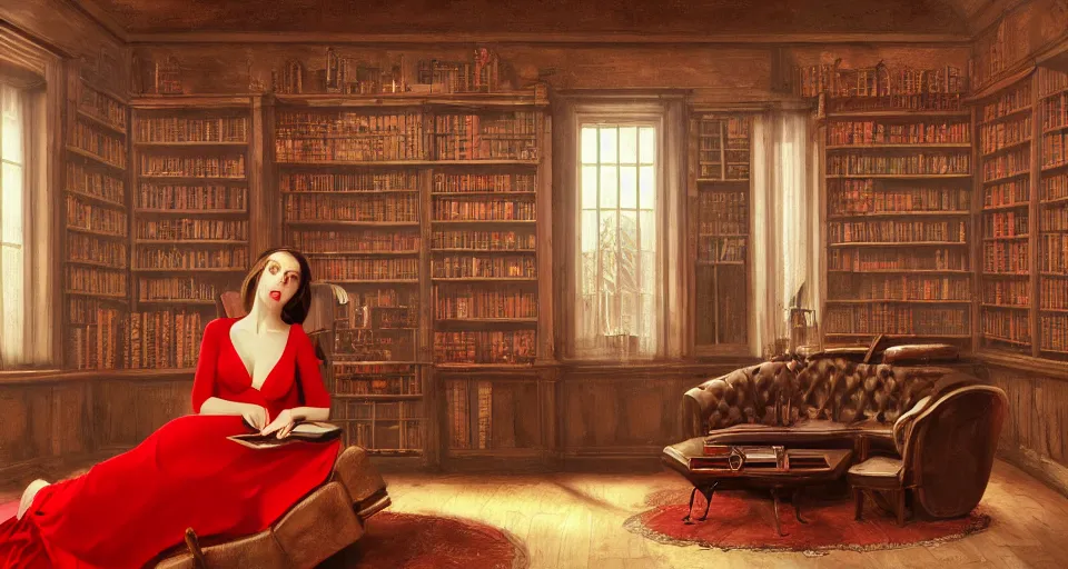 Prompt: a woman larger in a red dress sits in a private library with floor to ceiling windows, dark wood, leather couches, steampunk, unique, eccentric, large globe, caravaggio, artstation, beautiful, soft lighting, highly detailed, study