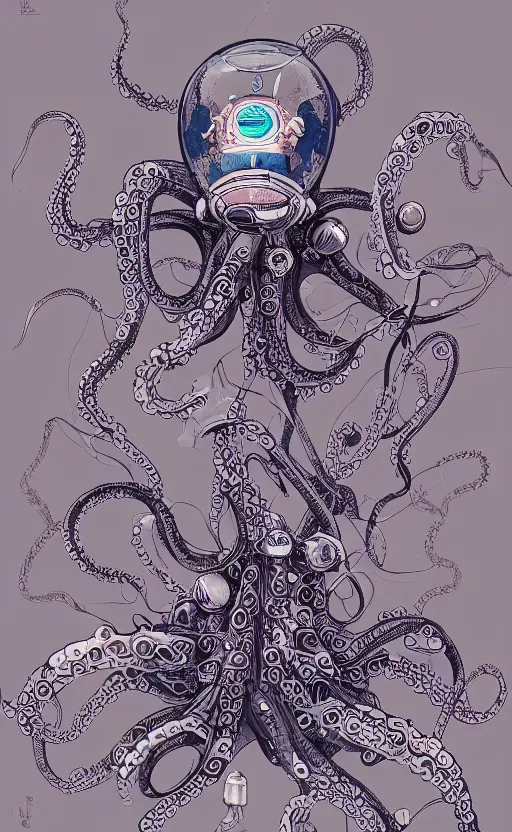 Image similar to robotic octopus by miyazaki, illustration, kenneth blom, mental alchemy, james jean, pablo amaringo, naudline pierre, contemporary art, hyper detailed