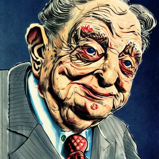 Image similar to George Soros by Ralph Steadman, illustration, body horror, biopunk