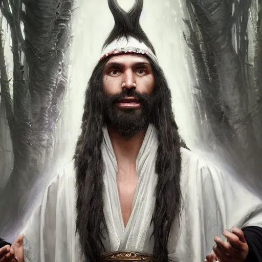 Prompt: a beautiful portrait of an epic fantasy shaman elf man with long black hair a black beard and white robes holding his hands up in praise to his god, oil painting, Greg Rutkowski, Charlie Bowater, white robes, unreal 5, DAZ, hyperrealistic, octane render, RPG portrait, dynamic lighting, fantasy art, beautiful face