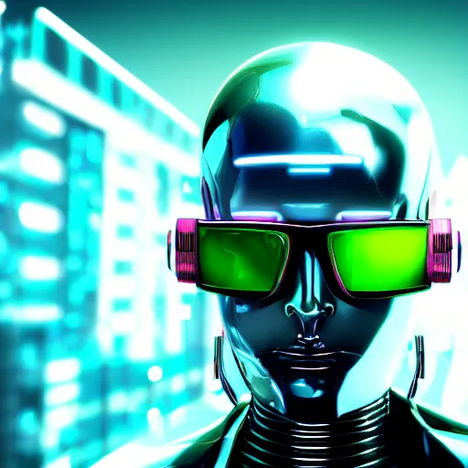 Prompt: Cyberpunk robot with sunglasses, virtual engine, neon edge, high definition, added detail