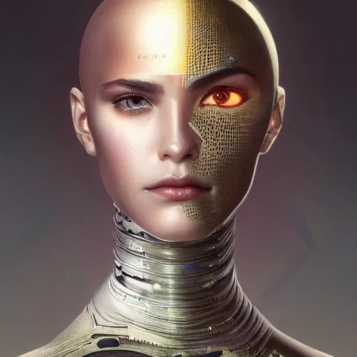 Image similar to headshot of humanoid robot from ex machina, intricate, headshot, highly detailed, digital painting, artstation, concept art, sharp focus, cinematic lighting, illustration, art by artgerm and greg rutkowski, alphonse mucha, cgsociety