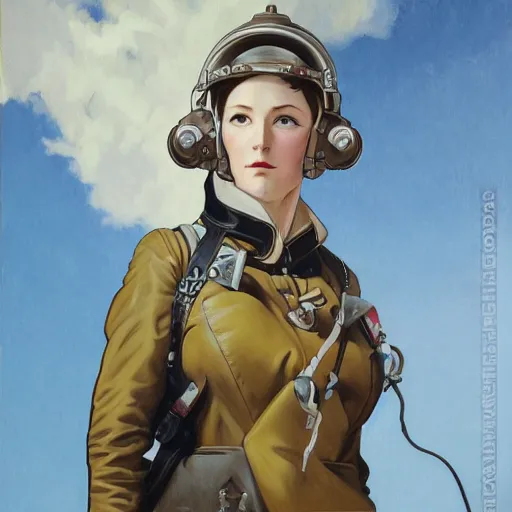 Image similar to A female airship pilot, dieselpunk, oil on canvas, in the style of Range Murata and Alphonse Mucha