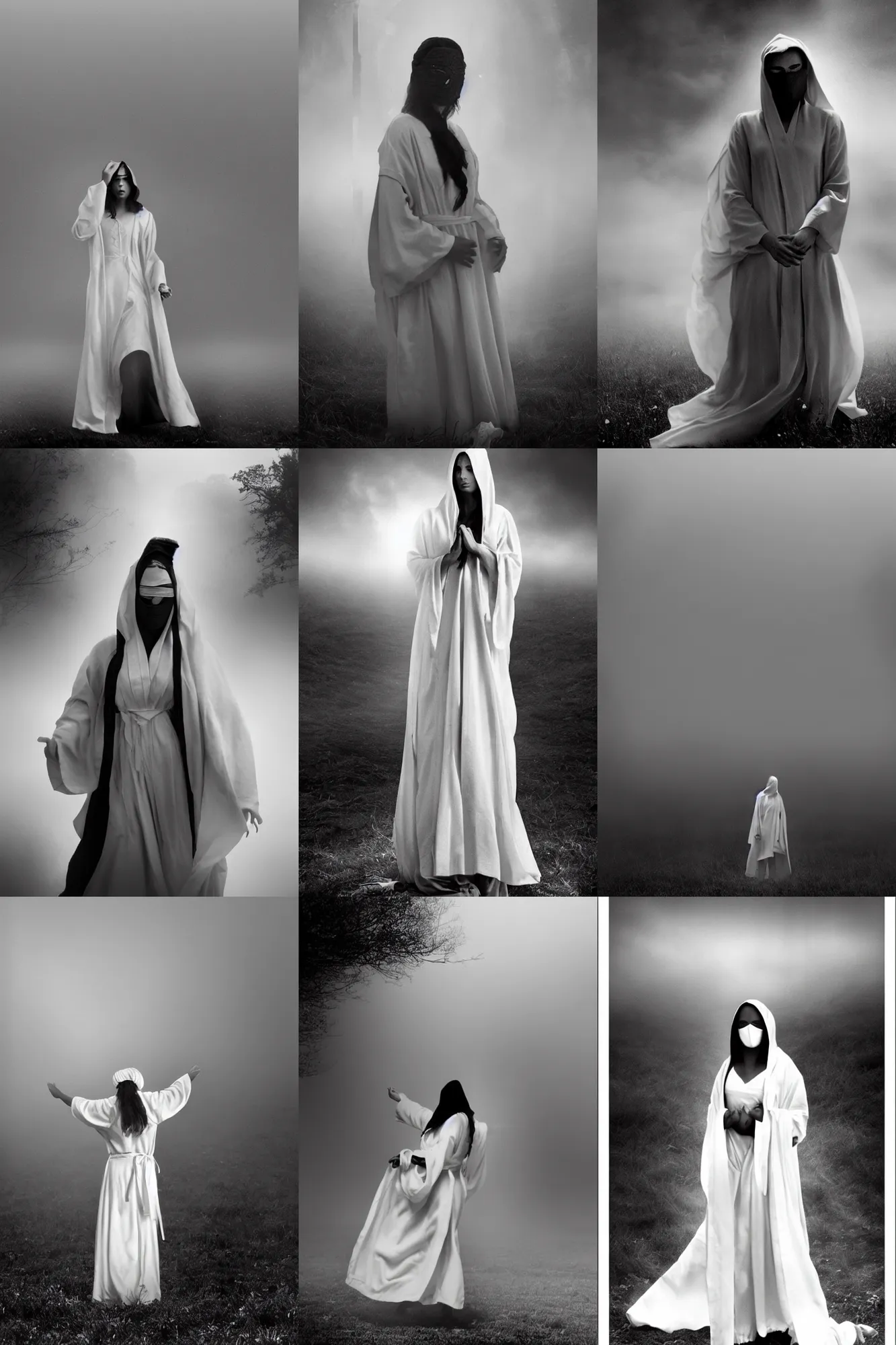 Prompt: Black and white movie poster of LE CULTE. a woman dressing in white robes wearing white mask in the field, cinematic lighting, dramatic composition, dramatic atmosphere, misty foggy, mystical aesthetic, vogue photography. award winning movie poster from a traditional movie. mystical thriller movie.