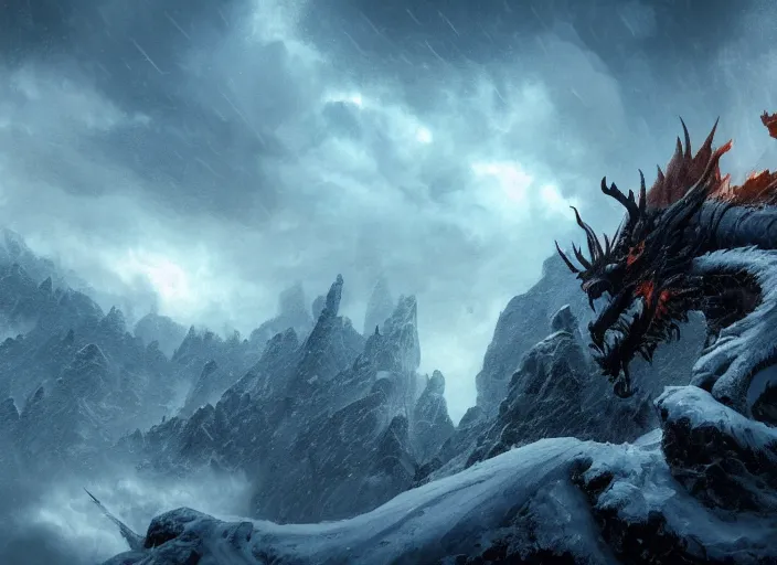 Image similar to an epic dragon, beautiful snowy landscape, lightning storm, dramatic lightning, cinematic, establishing shot, extremly high detail, photorealistic, cinematic lighting, epic fight scene, post processed, concept art, artstation, matte painting, style by greg rutkowsky