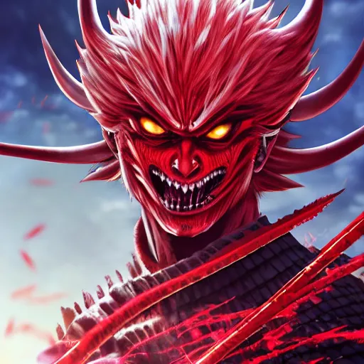 Image similar to demon samurai made by Yusuke Murata, Tomohiro Shimoguchi, Takeshi Obata, Masakazu Katsura,short hair, scar in one eye, red particles around ,destroyed city in the background,artstationCGsociety, full length, exquisite detail, post-processing, masterpiece, volumetric lighting, cinematic, hypermaximalistic, high details, cinematic, 8k resolution, beautiful detailed, insanely intricate details,ArtStation, CGSociety