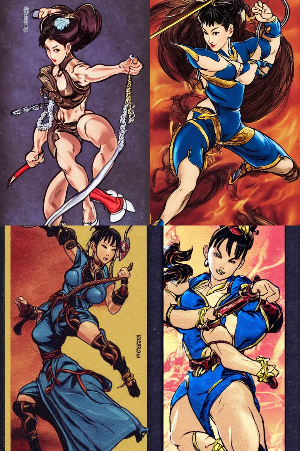 Prompt: chun li wielding a whip, ready for battle, trading card