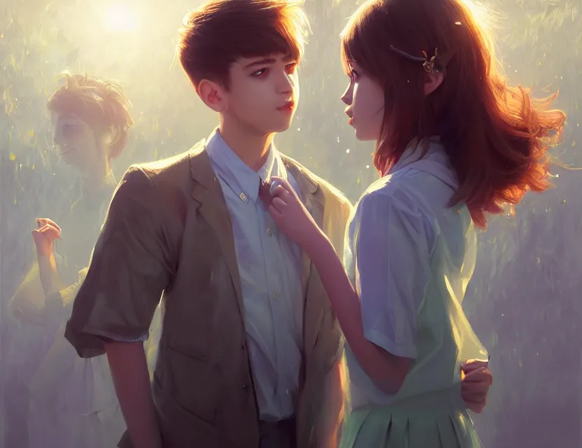 Image similar to a beautiful fashion big eye girl wear flashy dress and a handsome boy wear school uniform in festival | | sunny, dreamlike art, mist, realistic shaded, smile, good looking, fine details, 4 k realistic, cryengine, realistic shaded lighting poster by greg rutkowski, magali villeneuve, artgerm, jeremy lipkin and michael garmash and rob rey