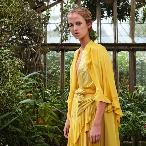 Prompt: head to shoulder film still of an elegant top model wearing a yellow kimono with a very detailed barn owl on her shoulder!!! in a tropical greenhouse. looking at the camera!!. super resolution. 85 mm f1.8 lens.bokeh. graflex. art by Alessio albi and ashley wood and Edmund Blair Leighton and John Singer Sargent! -