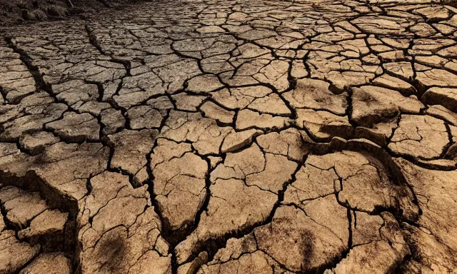 Prompt: medium shot of a crying ancient dried up Danu, peaceful, facing the camera and standing in front of a dried up river in a desolate land, dead trees, blue sky, hot and sunny, highly-detailed, elegant, dramatic lighting, artstation, 4k, cinematic landscape, photograph by Elisabeth Gadd