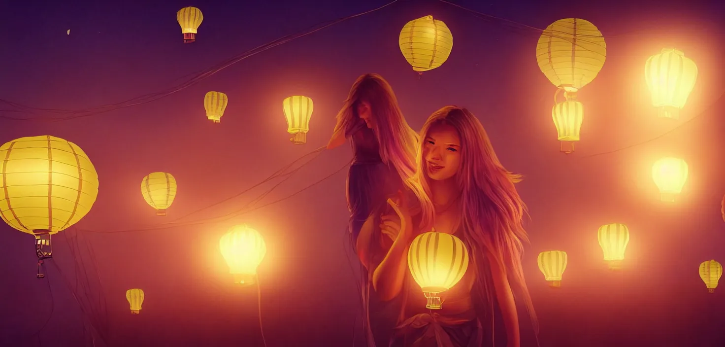 Image similar to mystical scene floating lanterns. portrait woman on the background a hot air balloon in the middle neon lights | | sunny night, full moon, dreamlike art, realistic shaded, smile, good looking, hyper details, 4 k realistic, cryengine, realistic shaded lighting poster by artgerm, ross tran, fuji choko, 8 k resolution, trending on artstation, luxury