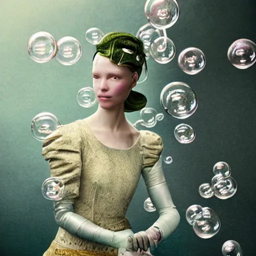 Image similar to medium shot of a woman wearing an armor made of bubbles. soft. fragile. by ray caesar. by louise dahl - wolfe. by anna claren. surreal photography