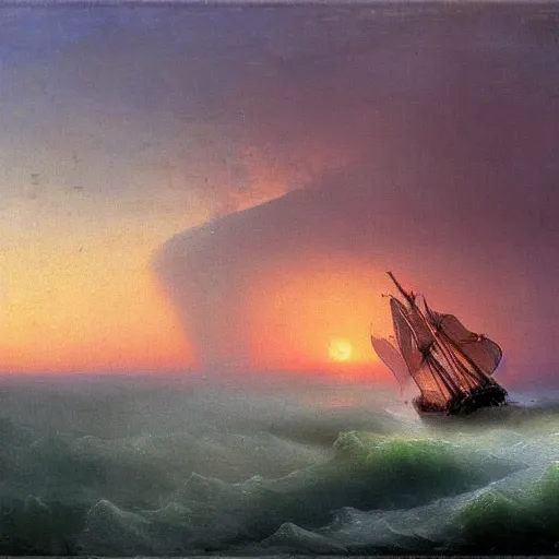 Prompt: tornado on the river, top view, sunset, by ivan aivazovsky,