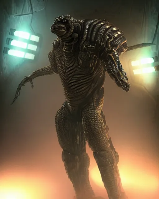 Image similar to Sci-Fi Crocodile alien, armored, big, art by Kashin, Wadim, Martinière, Stephan, vivid colours, holding rifle, sharp focus, pitch black cursed evil Spaceship hallway, dark light, soft purple glow, heroic pose, sci-fi artwork, octane render, dead space artwork, cyberpunk, warm light, occult, magical, volumetric lighting, 8k high definition, highly detailed, trending on art Station, centered, by Greg Rutkovski, sci-fi artwork, arnold render