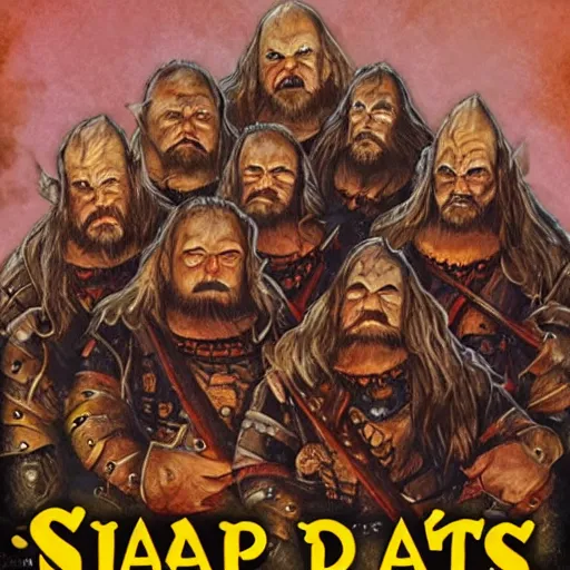 Image similar to album cover for an album of a metal band composed of five fantasy dwarfs, the band is called the sharp dwarves