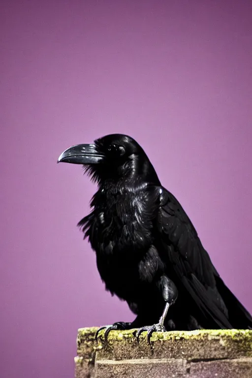 Image similar to beautiful raven standing in a shadow of the soft deep purple light of lantern, mystery, mysterious, soft dark muted colors, simple shapes, golden ratio, perfect composition, dramatic, medium close - up ( mcu ), cannon ef, 5 0 mm, f / 2. 8