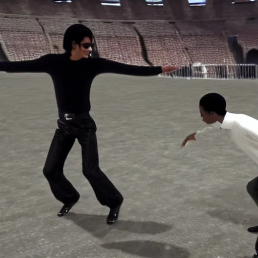 Image similar to goat tap dancing with michael jackson in the colosseum, realistic, clean, detailed