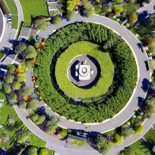 Prompt: a radial plaza and park from above, top down view