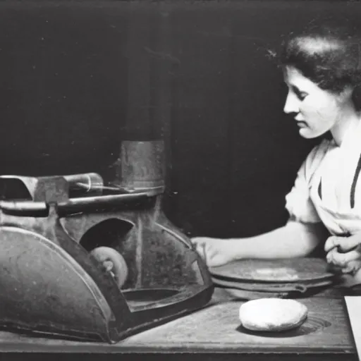 Image similar to an early 1900s photo of someone on a computer making a donut in blender