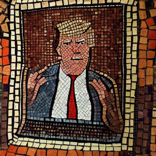 Image similar to trump in an old fashioned prison suite, byzantine mosaic,