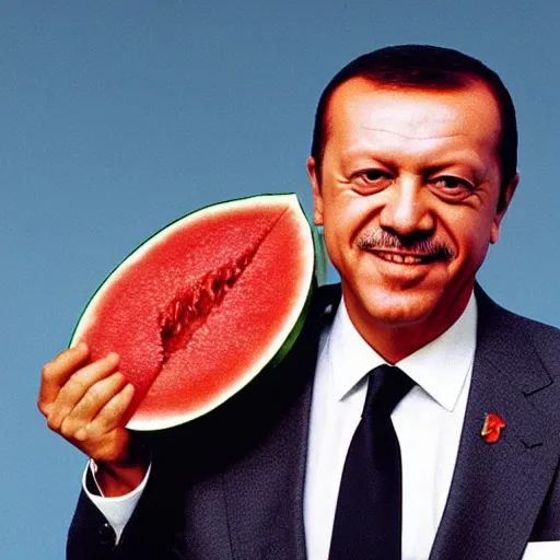 Image similar to recep tayyip erdogan smiling holding watermelon for a 1 9 9 0 s sitcom tv show, studio photograph, portrait c 1 2. 0