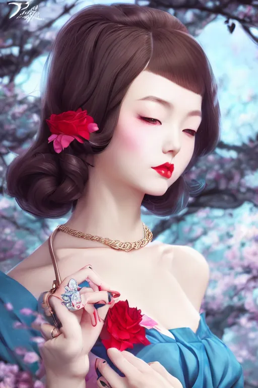 Image similar to a pin up and beautiful fashion charming dreamlke japan girl with lv jewelry, character art, art by artgerm lau and wlop and and ilya kuvshinov and john singer sargent, hyperdetailed, 8 k realistic, symmetrical, frostbite 3 engine, cryengine, dof, trending on artstation, digital art