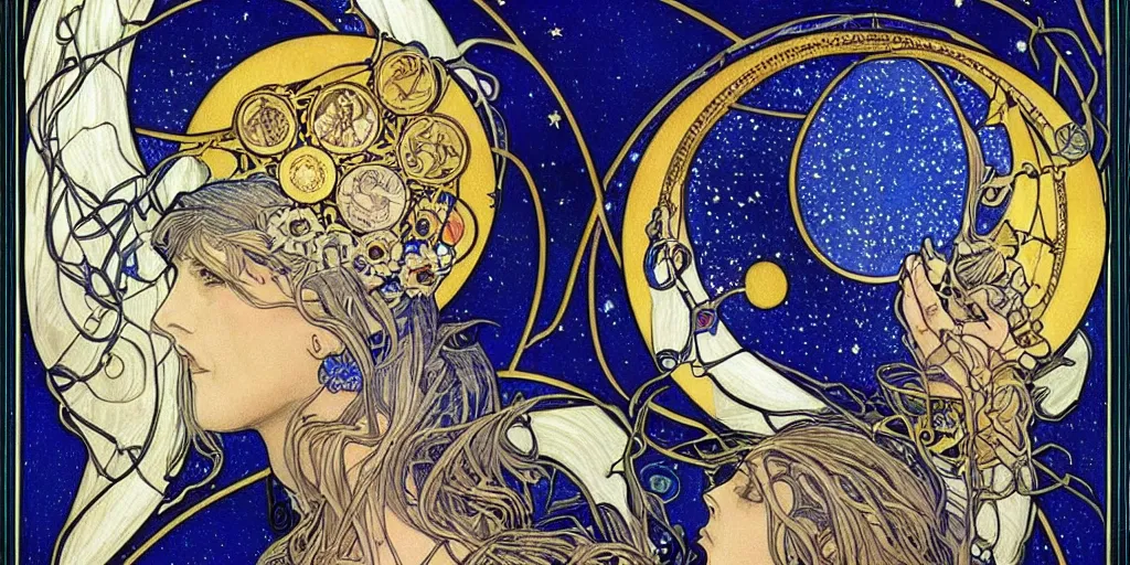Prompt: the longest night, cloaked dark night with moon and candle and tattoos, star constellations and watch gears, by alphonse mucha and alex grey, handsome face and beautiful face, ultramarine blue and gold, intricate stained glass