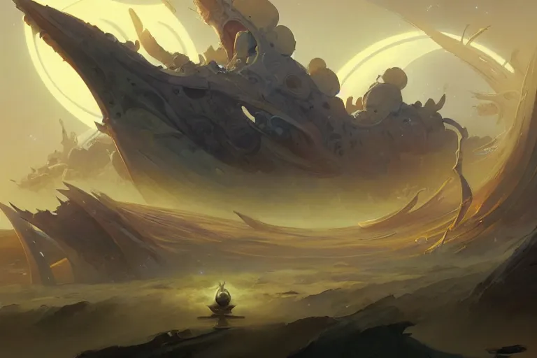 Image similar to hyperbolic sacred holy intergalactic starship concept design by peter mohrbacher and craig mullins and hiroshi yoshida and james jean and frank frazetta and michael whelan and andreas rocha