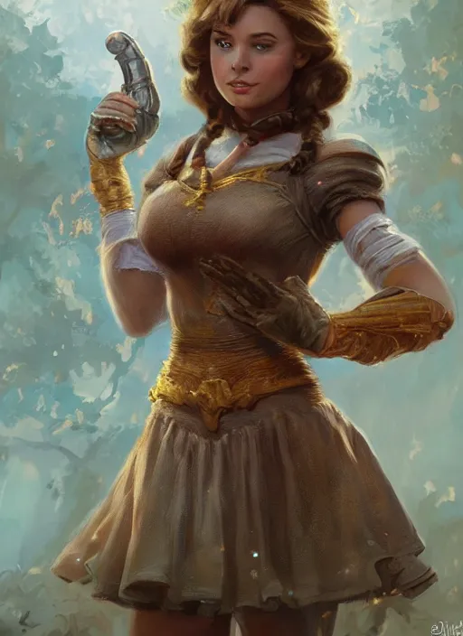 Image similar to beautiful female dorothy gale, rebecca romijn as dorothy, full body character concept, covered in full iron armor, super powers, fantasy, intricate, elegant, highly detailed, digital painting, artstation, concept art, shining, sharp focus, illustration, art by stanley lau