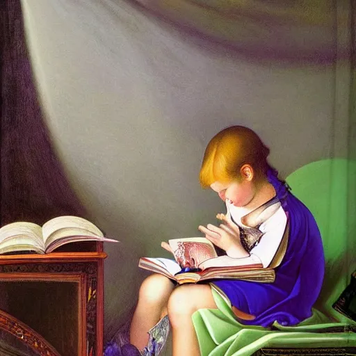 Prompt: an enchanted beauttiful child reading books, inside a futuristic maximalist hyperdetailed room. in the style of Caravaggio and Michelangelo, with flemish baroque vibrant shiny maximalist textures in soft pastel tones. matte background. HD 8x