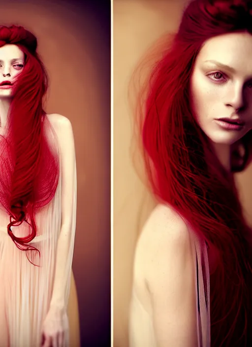 Image similar to portrait photography of a beautiful woman, in fine art photography style of Lindsay Adler- Giovanni Gastel, britt marling style 2/4 , natural color skin pointed in rose, long red hair with an intricate hairstyle, full body dressed with a ethereal transparent voile dress, elegrant, 8K, soft focus, melanchonic soft light, volumetric dramatic lighting, highly detailed Realistic, hyper Refined, Highly Detailed, natural point rose', outdoor sea and storm soft lighting, soft dramatic lighting colors scheme, soft blur lighting, fine art fashion photography