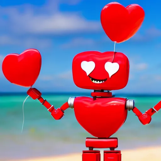 Image similar to a cute robot smiling holding heart balloons in the beach