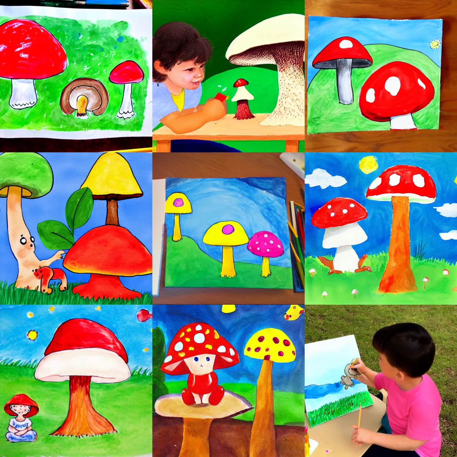 Prompt: a children painting of a cute creature sitting next to a mushroom