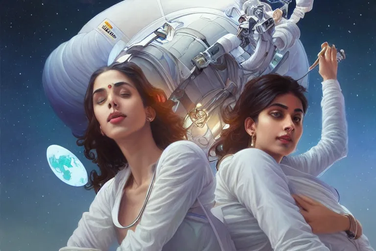 Image similar to Sensual good looking pale young Indian doctors wearing jeans floating in a space station above Earth performing surgery, portrait, elegant, intricate, digital painting, artstation, concept art, smooth, sharp focus, illustration, art by artgerm and greg rutkowski and alphonse mucha