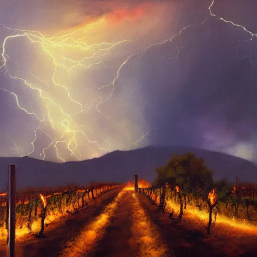 Prompt: burning vineyards in a thunderstorm, art station, ghost in the sky, detailed