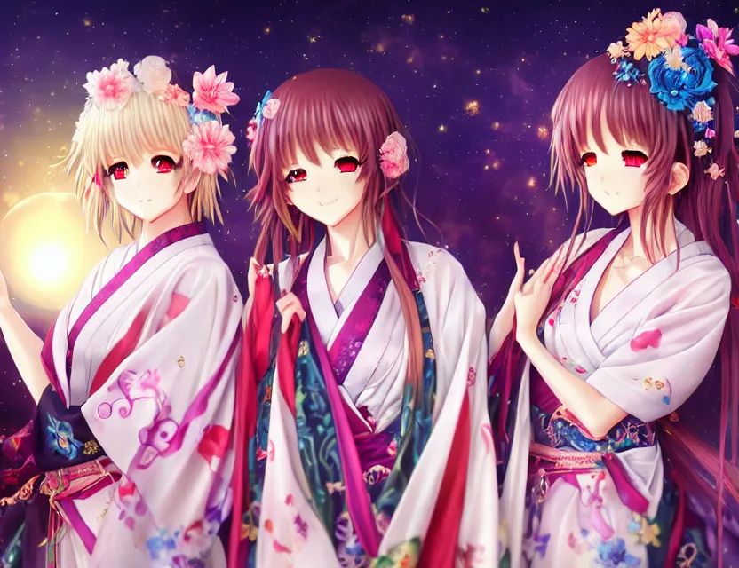 Image similar to two beautiful anime girls wear fantasy kimono in festival | | sunny night, full moon, dreamlike art, realistic shaded, smile, good looking, hyper details, 4 k realistic, cryengine, realistic shaded lighting poster by artgerm, ross tran, fuji choko, 8 k resolution, trending on artstation, luxury