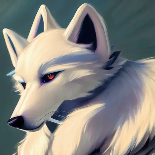 Prompt: furry ( fandom ) art of a cute anthropomorphic white wolf with blue accents and blue eyes, digital art, painting, trending on furaffinity, stylised, big eyes