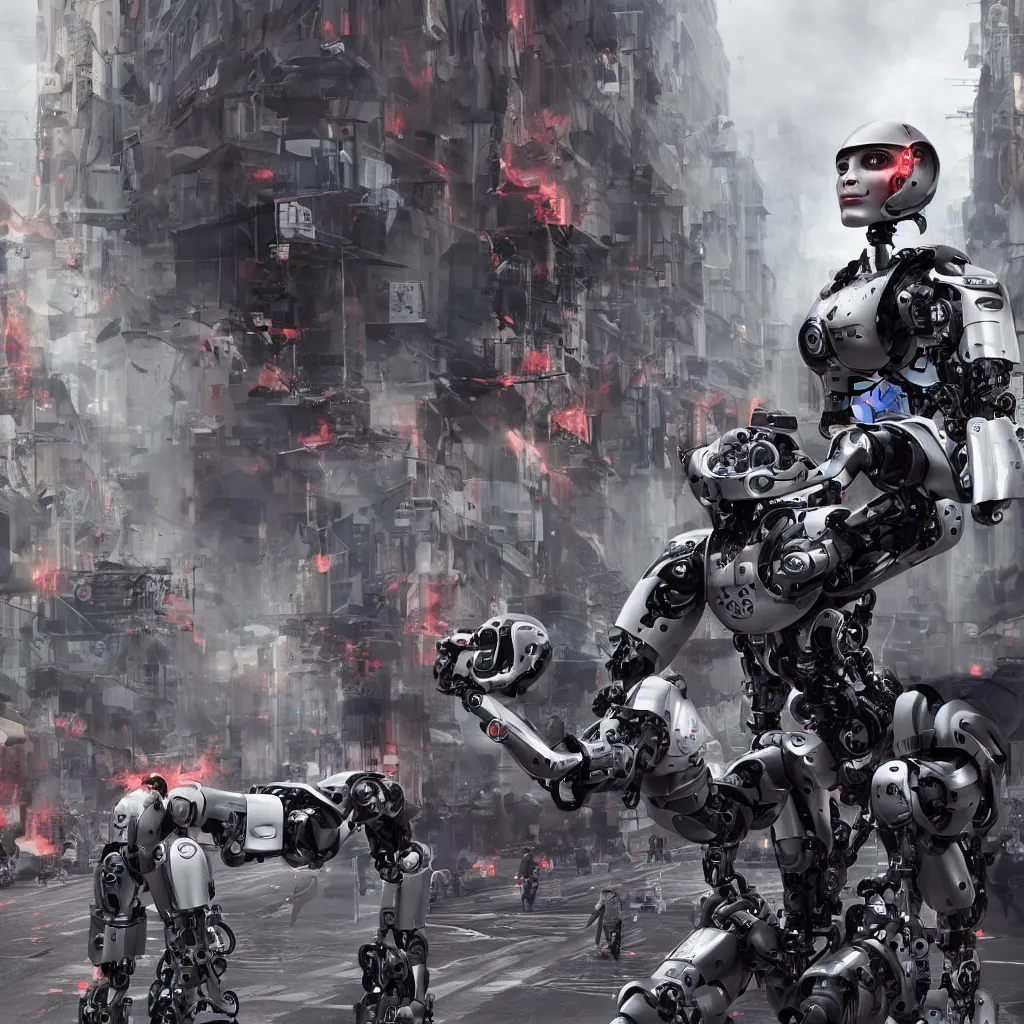 Image similar to robotic rebellion, cyborgs raise against humans in the streets, ocfane render, photo realistic, hyper realistic, 8 k resolution